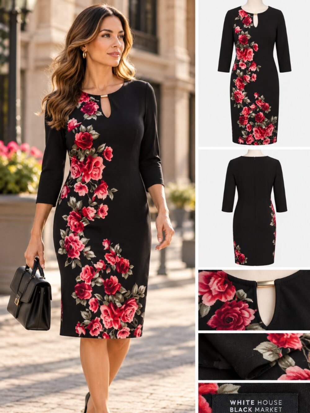 White House Black Market Black Red Floral Keyhole Sheath Midi Dress L